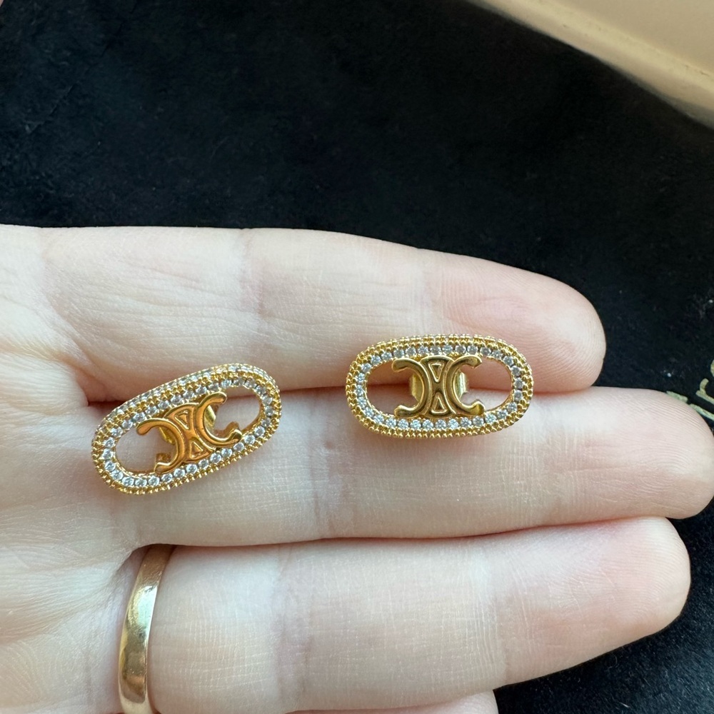 Celine Triomphe Gold and Diamond Studs Earrings - Picture 4 of 5